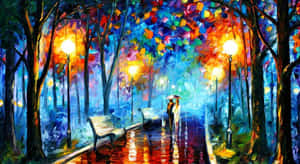 A Painting Of A Couple Walking In The Park Wallpaper