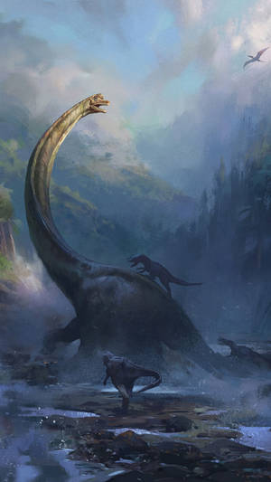 A Painting Of A Dinosaur In The Water Wallpaper