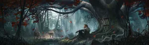 A Painting Of A Man In A Forest Wallpaper