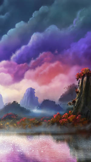 A Painting Of A Mountain And Clouds Wallpaper