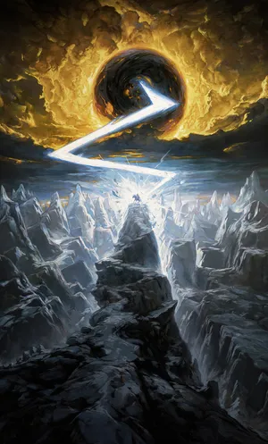 A Painting Of A Mountain With A Lightning Bolt In The Sky Wallpaper
