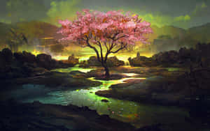 A Painting Of A Tree In A River Wallpaper