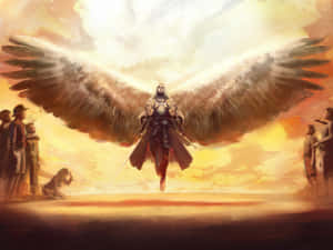 A Painting Of An Angel With Wings In The Sky Wallpaper
