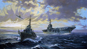 A Painting Of Two U S Navy Ships Wallpaper