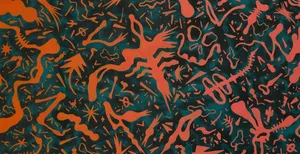 A Painting With Orange And Black Shapes On It Wallpaper