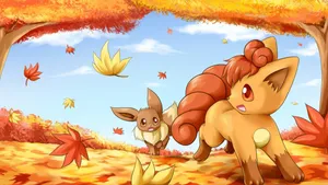 A Pair Of Pokemon Walking Through The Leaves Wallpaper