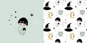 A Pattern With A Witch, Hat And Stars Wallpaper