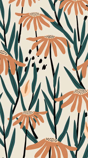 A Pattern With Orange Flowers And Leaves Wallpaper