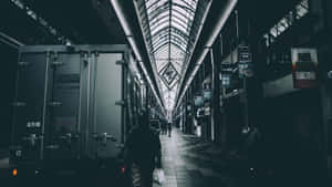 A Person Walking Down A Hallway With A Truck In The Background Wallpaper