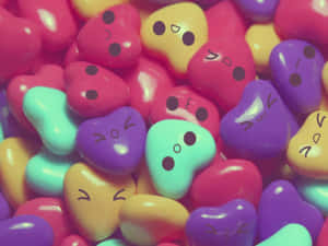 A Pile Of Colorful Candy Hearts With Faces Wallpaper