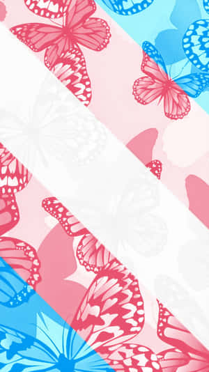 A Pink And Blue Butterfly Pattern On A Blue Background Wallpaper