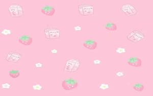 A Pink Background With Strawberries And Flowers Wallpaper