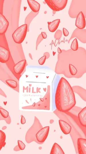 A Pink Background With Strawberries And Milk Wallpaper