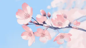 A Pink Flower Branch With Blue Sky Behind It Wallpaper