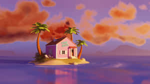 A Pink House On An Island With Palm Trees Wallpaper