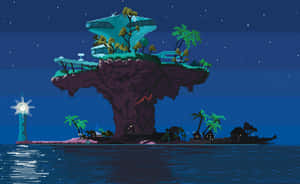 A Pixel Art Image Of A Small Island With A Lighthouse Wallpaper