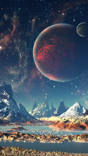 A Planet In Space With Mountains And A Lake Wallpaper