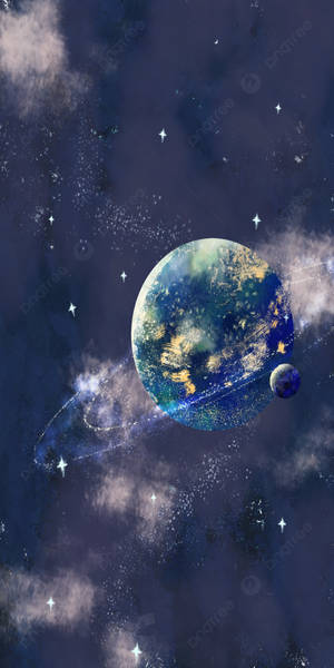 A Planet In Space With Stars And Clouds Wallpaper