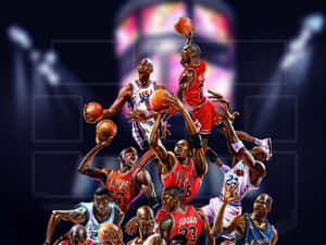 A Poster With Many Basketball Players In The Background Wallpaper