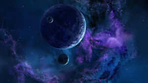 A Purple And Blue Space With Planets And Stars Wallpaper