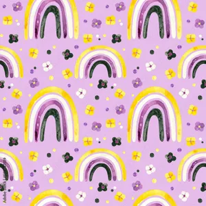 A Purple Background With Rainbows And Flowers Wallpaper