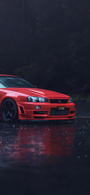 A Red Car Is Parked In The Rain Wallpaper
