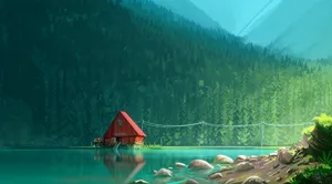 A Red House On A Lake In The Mountains Wallpaper