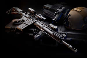 A Rifle And A Helmet On A Black Background Wallpaper