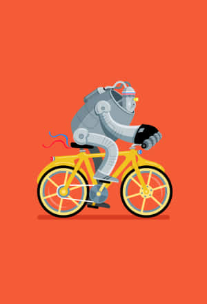 A Robot Riding A Bicycle On An Orange Background Wallpaper