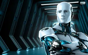A Robot Standing In A Dark Tunnel Wallpaper