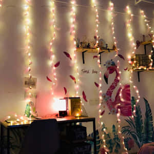 A Room With A Bed And A Wall With Lights Wallpaper