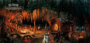 A Screenshot Of A Dark Cave With A Carriage And A Witch Wallpaper