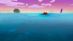 A Screenshot Of A Minecraft Game With A Red Boat In The Water Wallpaper