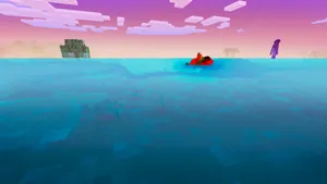 A Screenshot Of A Minecraft Game With A Red Boat In The Water Wallpaper