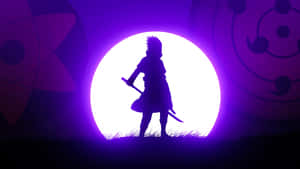 A Silhouette Of A Man With A Sword In Front Of A Purple Light Wallpaper