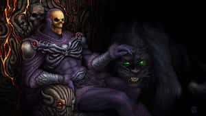 A Skeleton Sitting On A Purple Chair With A Black Cat Wallpaper