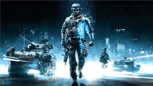 A Soldier Is Walking In The Night With Tanks Wallpaper