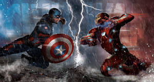 A Thrilling Battle Between Captain America And Iron Man In The Rain Wallpaper