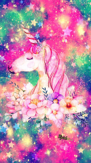 A Unicorn With Stars And Flowers In The Background Wallpaper