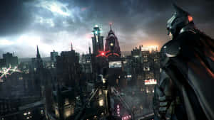 A View Of The Iconic Bat Signal Shining Across Batman City Wallpaper