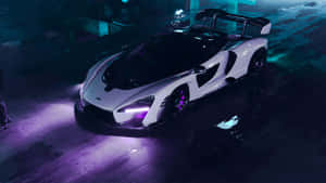 A White And Purple Sports Car Is Parked In A Dark Parking Lot Wallpaper