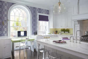 A White Kitchen With Purple Wallpaper And A Window Wallpaper