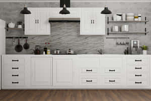 A White Kitchen With Wood Floors Wallpaper