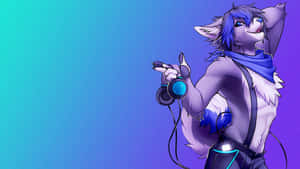 A Wolf With Headphones And A Blue Background Wallpaper