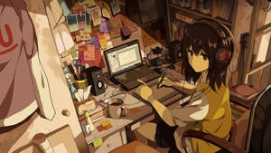 A Woman Hunched Over Her Messy Desk, Deeply Engrossed In Her Work Wallpaper
