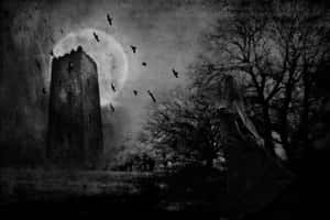 A Woman In A Black Dress Is Standing In Front Of A Castle Wallpaper