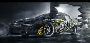 A Yellow And Black Car Is Parked In Front Of A Brick Wall Wallpaper