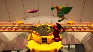 A Yellow And Green Robot Is Flying In The Air Wallpaper