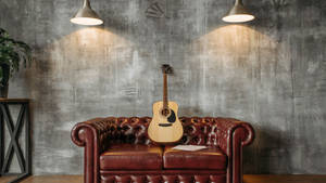 Acoustic Guitar Red Sofa Wallpaper