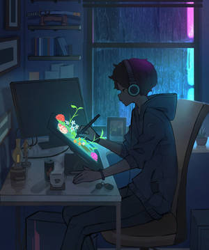 Aesthetic Anime Boy Icon Rainy Night Wallpaper